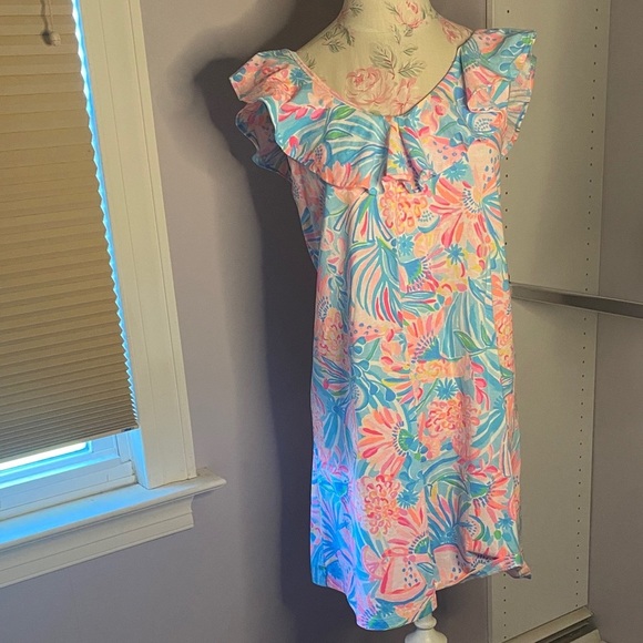 Lilly Pulitzer Dresses & Skirts - Lilly Pulitzer Ruffle-Neck Mini Dress in Coral, Aqua & Pink